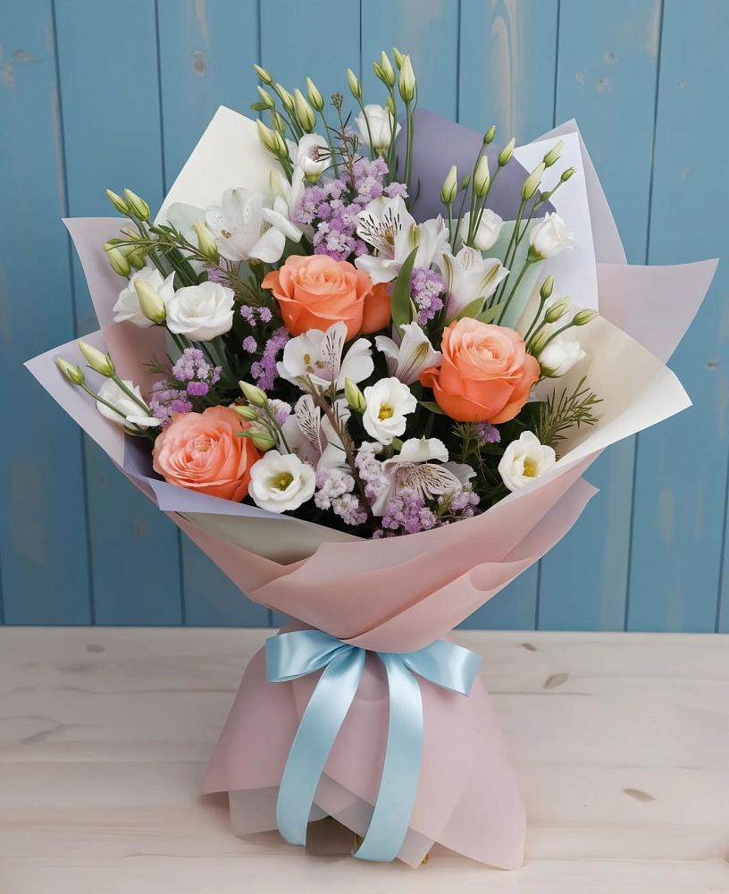 Букет цветов из: Лизиантусы, Розы, Альстромерии и Гипсофила в Квашенки