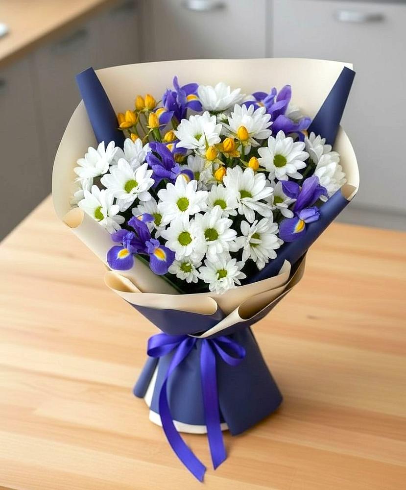 Букет цветов из: Розы, Ирисы и Хризантемы в Квашенки