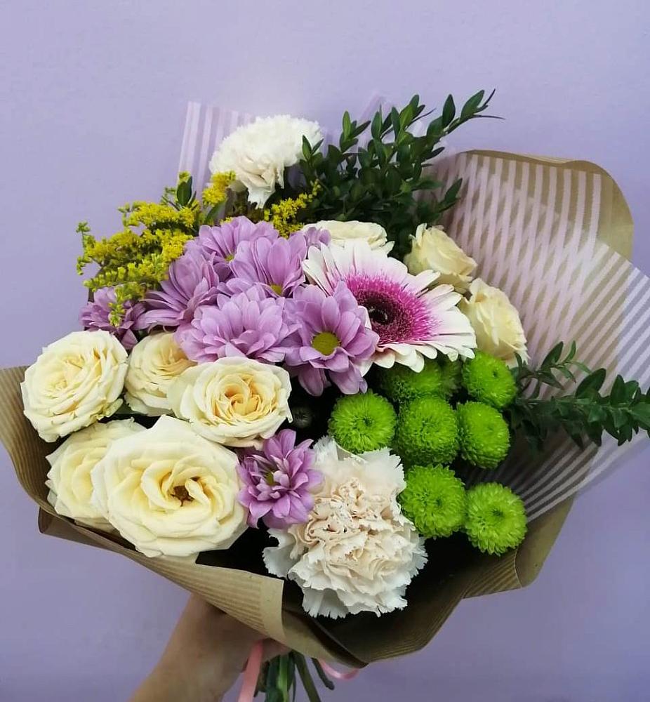 Букет цветов из: Хризантемы, Розы, Гвоздики и Герберы в Квашенки